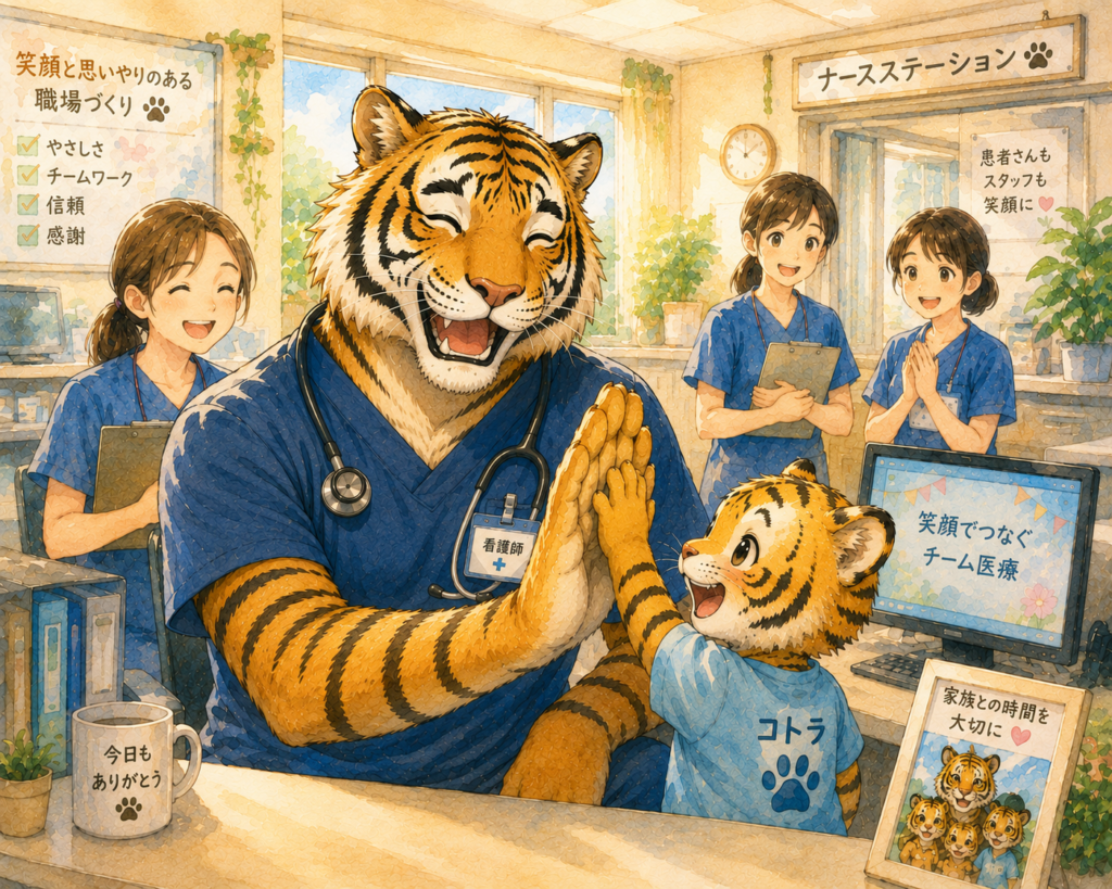 笑顔で働く男性看護師と仲間たち。チームワークの良い職場環境と看護師としてのやりがいを表現したイメージ