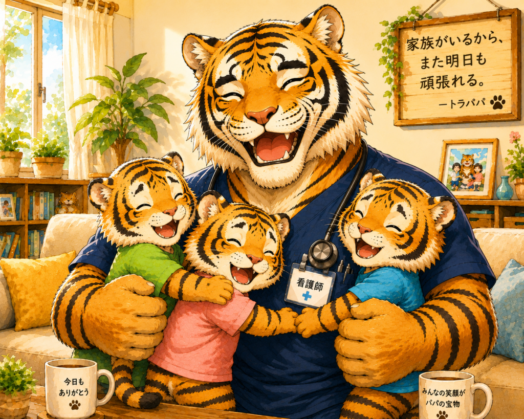 家族との時間を大切にする男性看護師。仕事と育児を両立しながら笑顔で過ごすワークライフバランスを表現したイメージ