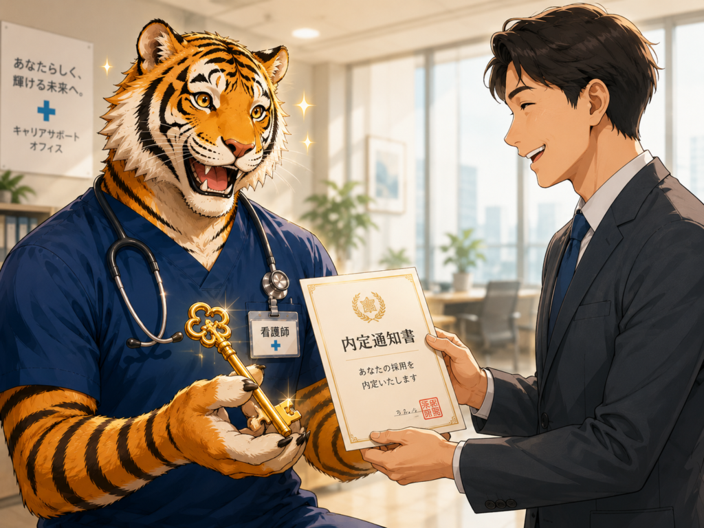 転職エージェントからホワイト病院への金の鍵を受け取り安心した表情の男性看護師トラパパ