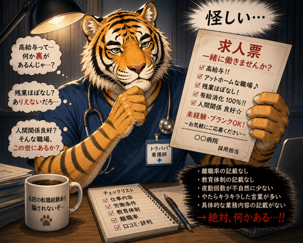 看護師求人票を確認しながら転職先を見極める男性看護師。高給与や好条件求人の注意点を解説するイメージ