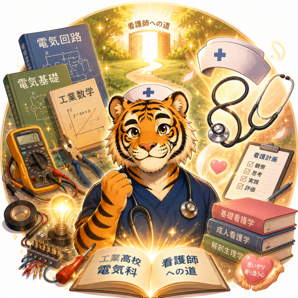 工業高校から猛勉強して看護師の道へ進む、聴診器をかけたトラのキャラクター