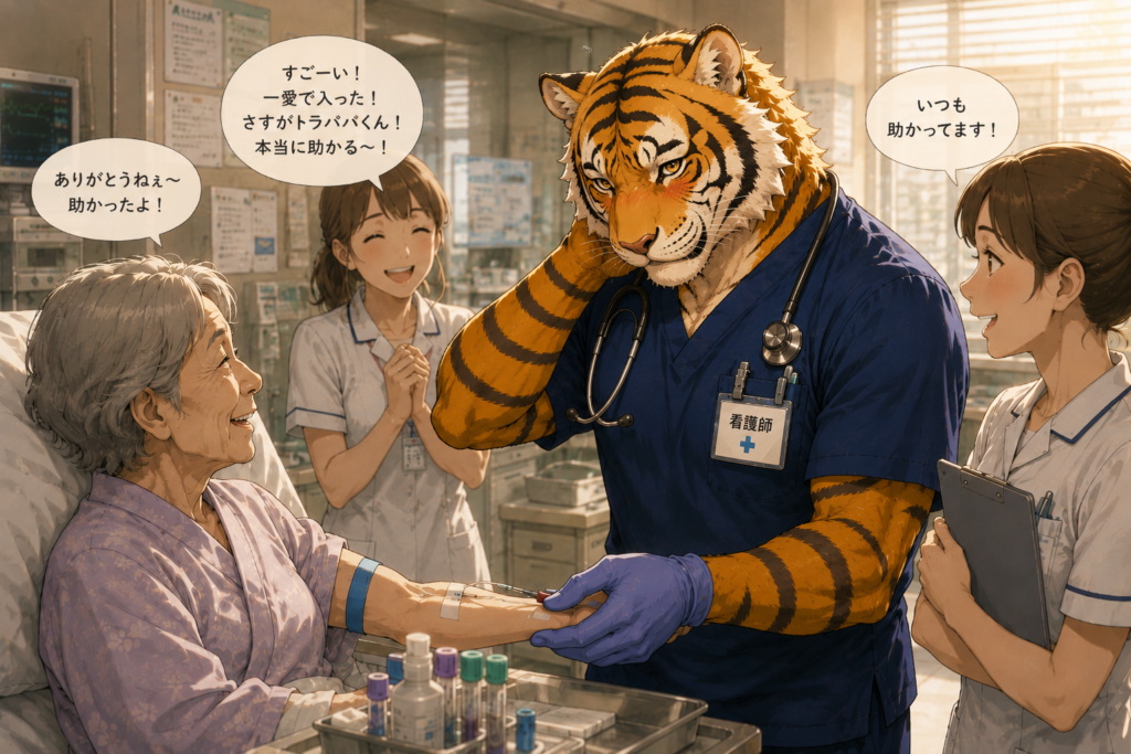 患者や同僚から感謝される男性看護師。男性看護師ならではの強みや仕事のやりがい、人間関係の魅力を表現したイメージ