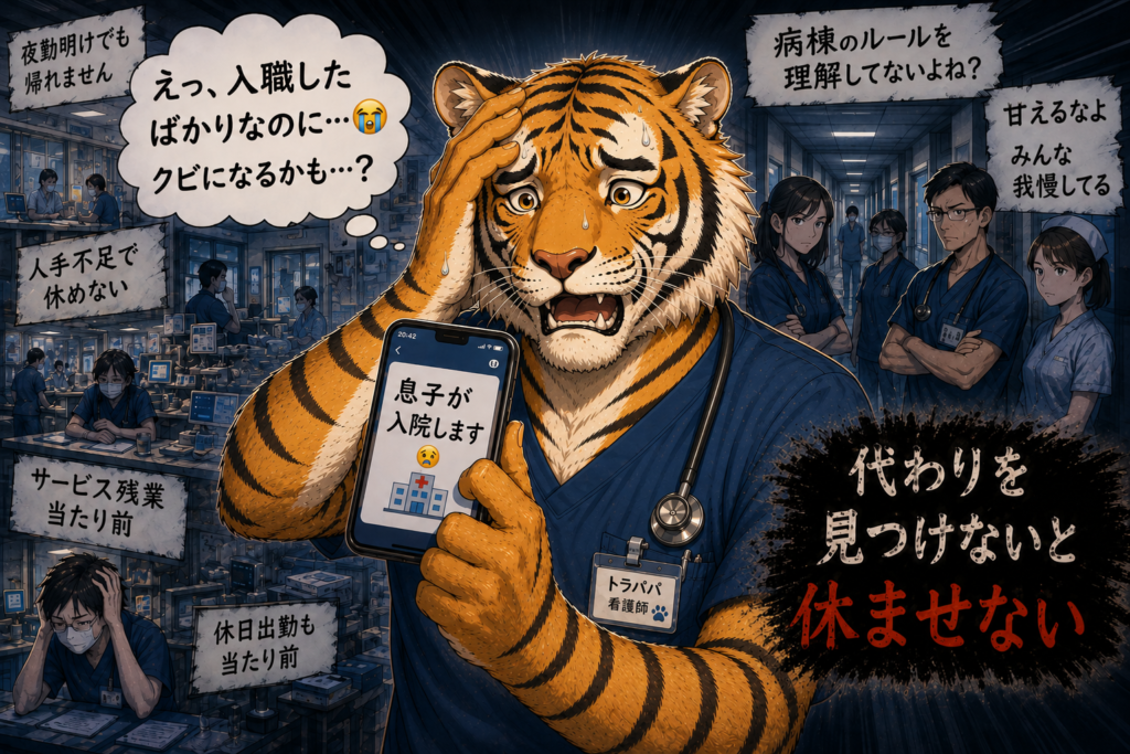 人員不足の病院で休めず追い詰められる看護師。長時間労働や休日出勤に悩み、転職を考える看護師を表現したイメージ