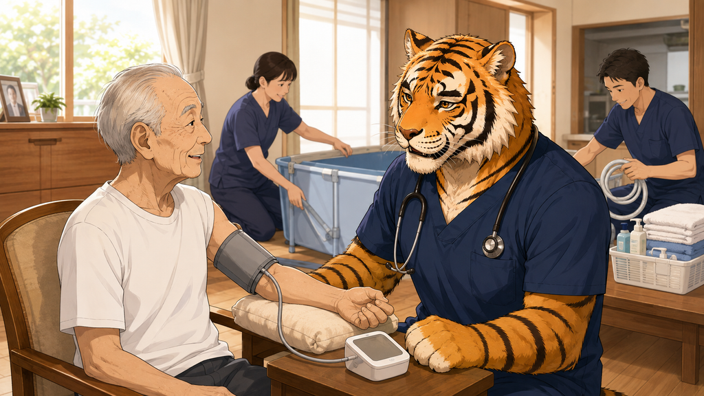 訪問入浴前に高齢者の血圧と顔色を確認する看護師トラパパ