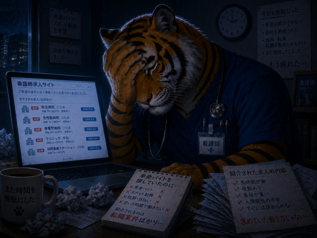 看護師単発バイトを探していたのに転職案件ばかり紹介されて落胆する男性看護師。転職サイト選びに失敗し、自分に合った働き方が見つからない悩みを表現したイラスト