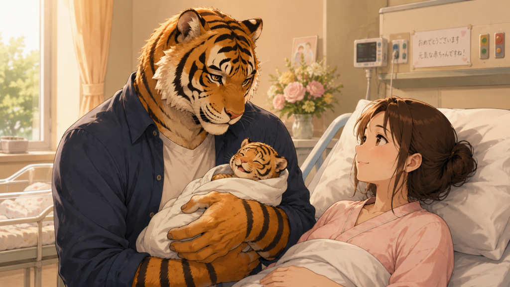 第一子となる長男が誕生し、生まれたばかりの赤ちゃんを抱く男性看護師トラパパと妻。家族が増え父親になった喜びを描いた感動的なイメージ。