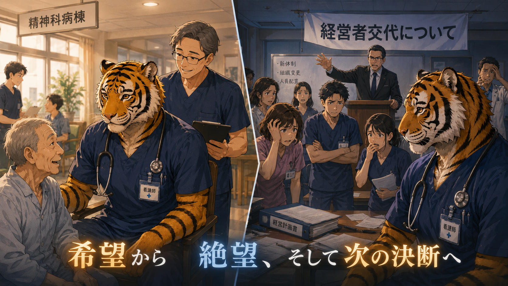 精神科病院へ転職した男性看護師が安心して働き始める一方、突然の経営者交代で病院崩壊を経験する様子