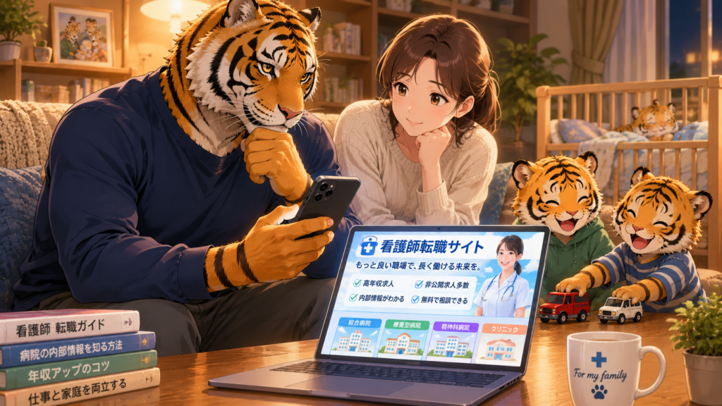 看護師転職サイトを比較し情報収集する男性看護師。失敗しない転職のため複数サービスを活用する様子。