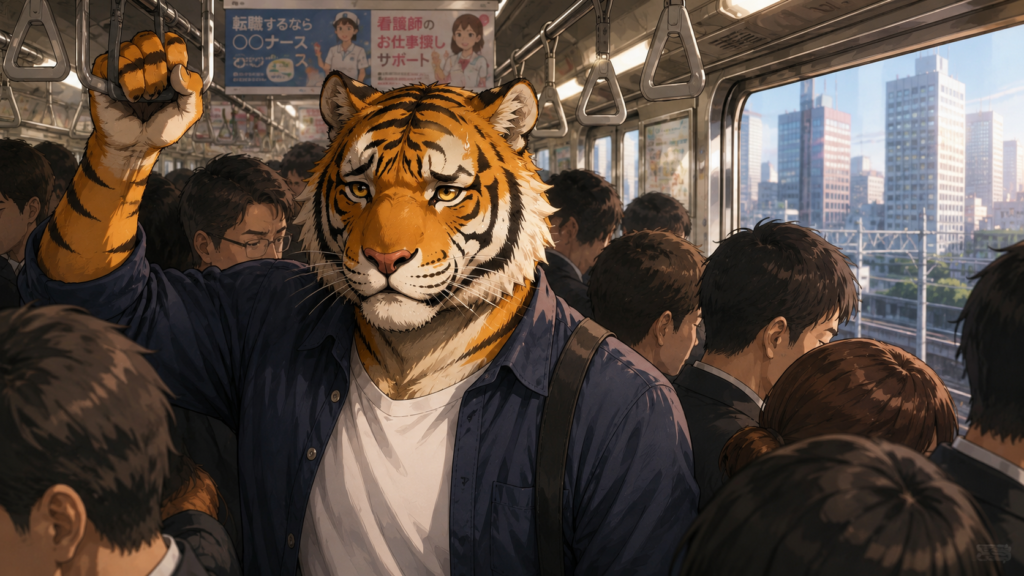 満員電車の通勤に疲れた男性看護師が働く環境の大切さを実感するイラスト