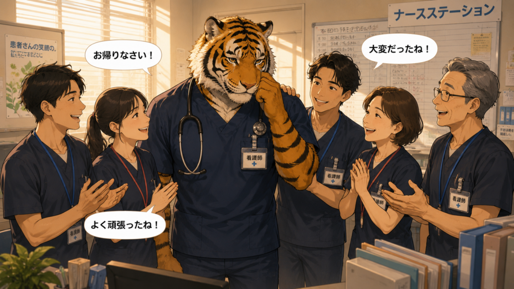 長男の入院付き添い後に笑顔で迎えられる男性看護師トラパパ