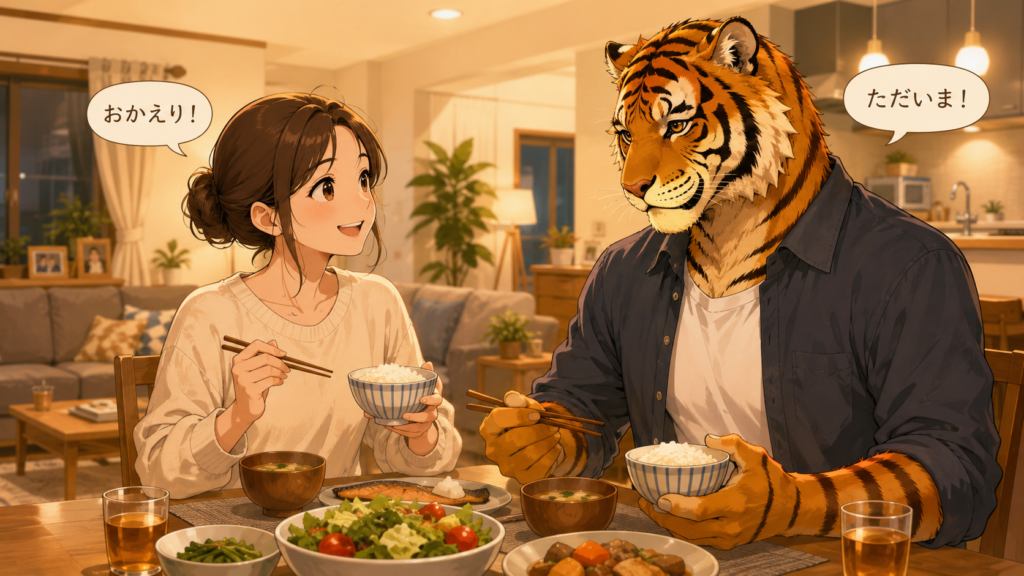 新居で夕食を囲みながら笑顔で会話する男性看護師トラパパと妻。仕事と家庭を両立しながら幸せな結婚生活を築く様子を表現したイメージ。