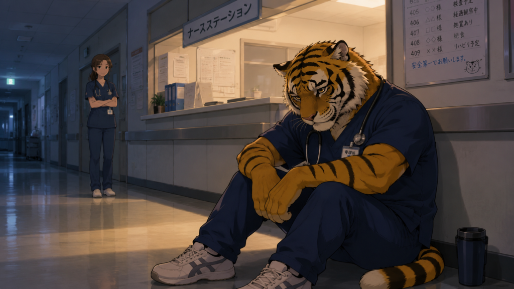 夜勤で担当患者を見送った男性看護師が自分の未熟さに悩み落ち込んでいる様子