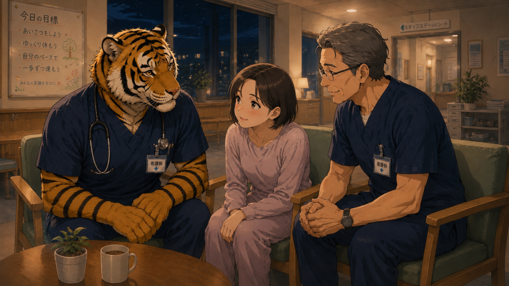 退院前の不安を抱える若い精神科患者に寄り添う男性看護師の様子