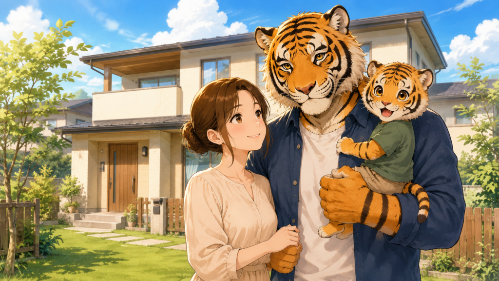 庭付き一戸建ての新居で、人間の妻と長男と笑顔で暮らす男性看護師トラパパ。回復期リハビリ病院への転職後に叶えた家族の夢と新しい生活を描いたイメージ。