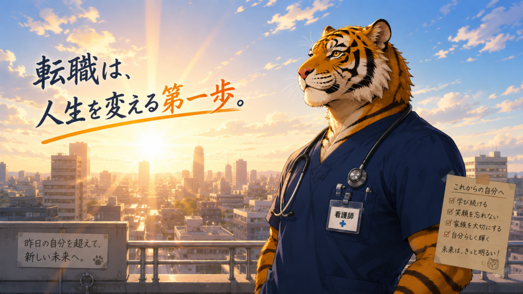 初めての転職を乗り越え成長した男性看護師が新しい未来へ前向きに歩み出すイメージ