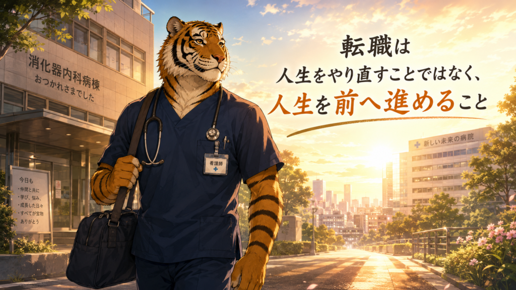 転職で新しい人生へ踏み出す男性看護師と看護師転職の希望を表現したイラスト
