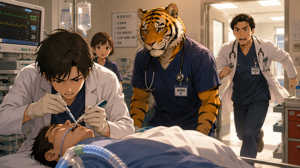 急変対応で研修医と指導医の体制に疑問を抱いた男性看護師の実体験イラスト