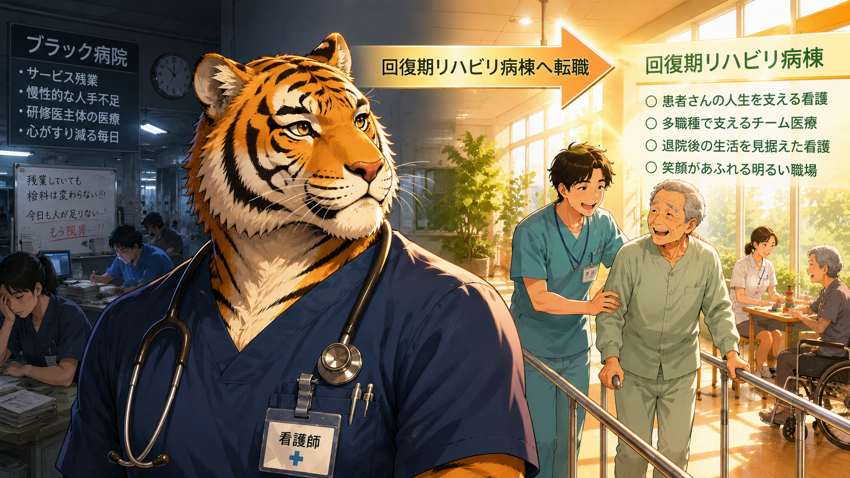 ブラック病院から回復期リハビリ病棟へ転職した男性看護師トラパパ。急性期との違いや働き方、患者に寄り添う看護の魅力を実体験で紹介するイメージ。