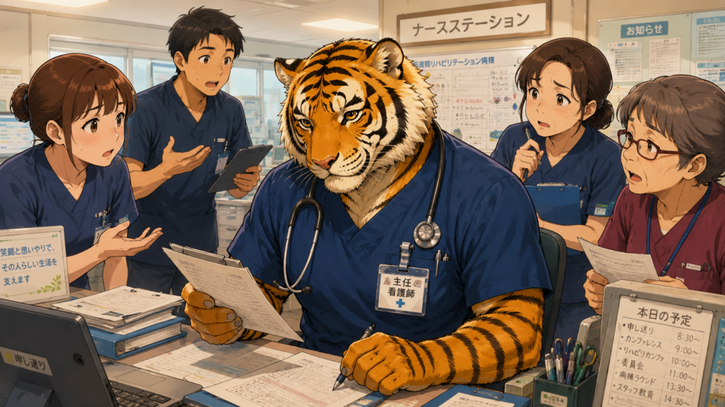 回復期リハビリ病棟で主任としてスタッフ教育や病棟運営に奮闘する男性看護師トラパパ。責任の重さとやりがいを描いたイメージ。