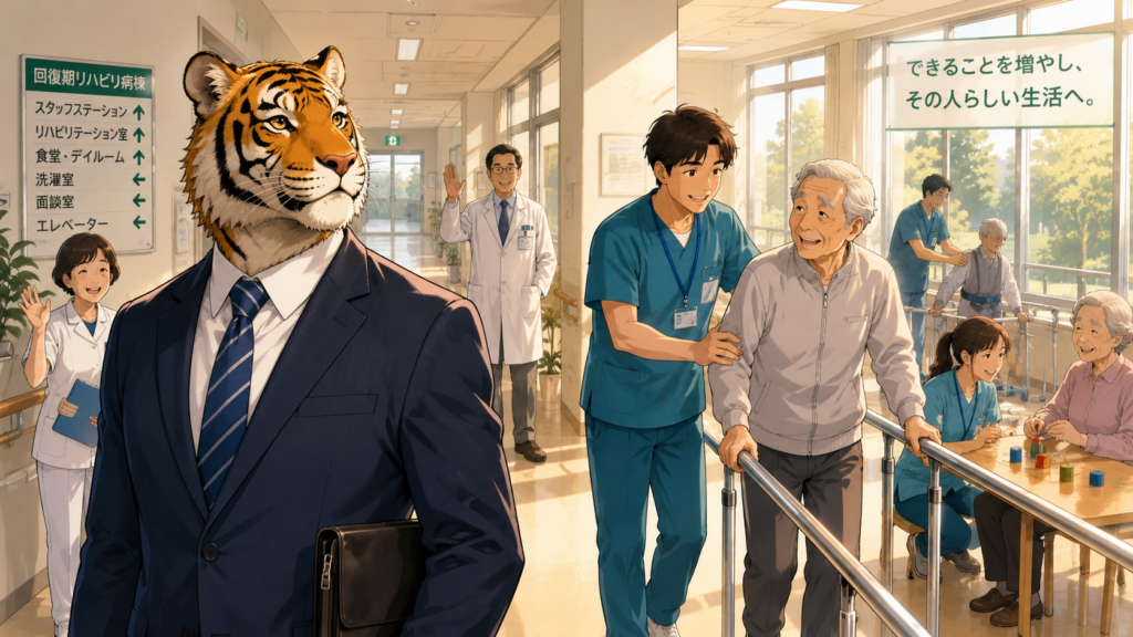 回復期リハビリ病棟を見学する男性看護師トラパパ。患者に寄り添う看護や多職種連携、明るい職場環境に魅力を感じ、転職を決意した実体験イメージ。