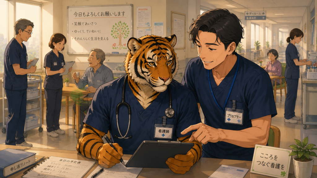精神科病棟で男性看護師から指導を受け、安心して働き始める男性看護師の様子