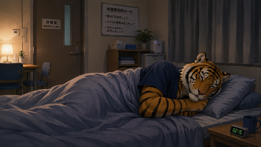精神科病院の夜勤で仮眠を取る男性看護師。夜勤中に4〜5時間休める環境。