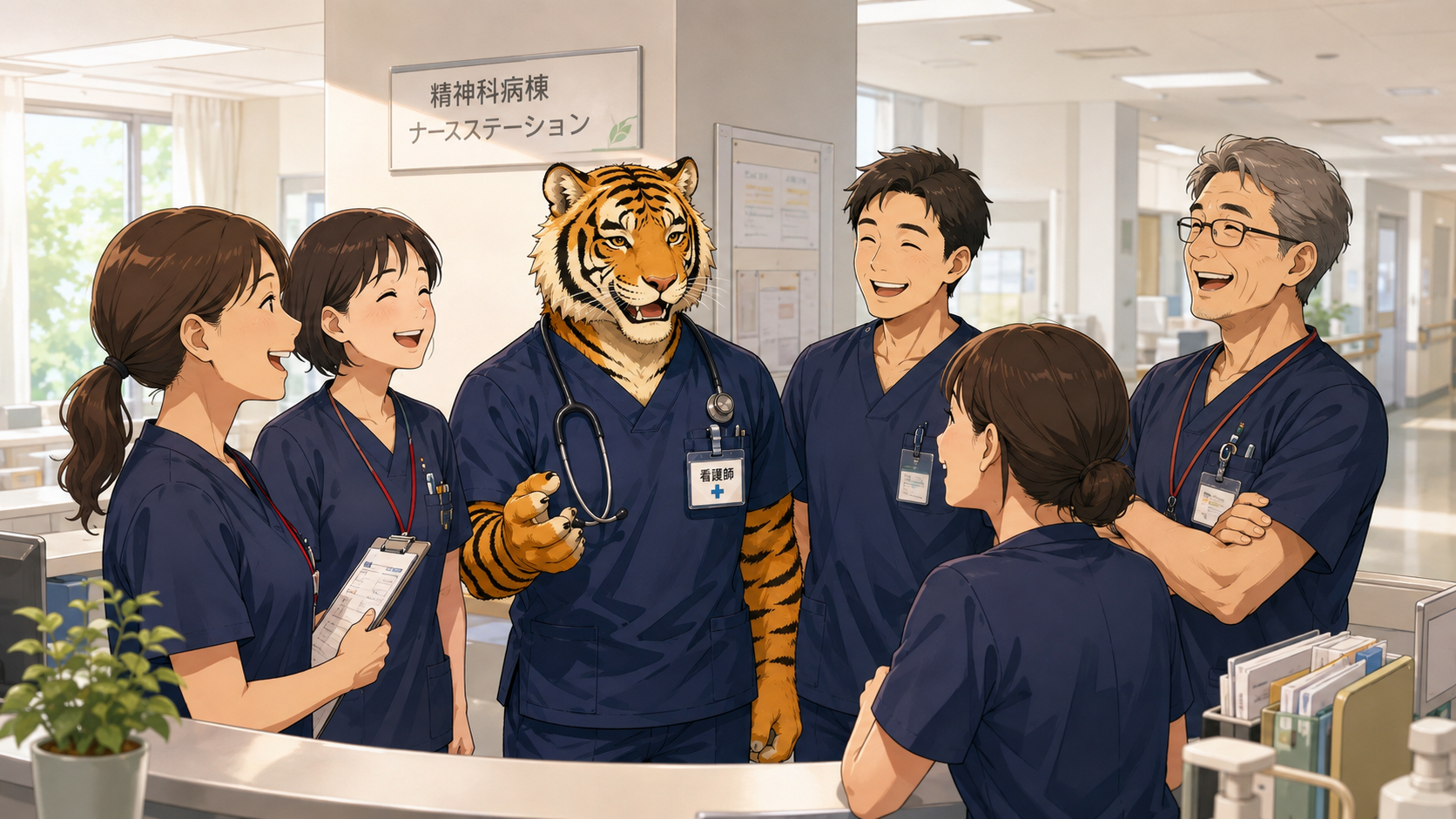 精神科病棟で笑顔の看護師同士が会話する様子。精神科看護師の人間関係や働きやすい職場環境をイメージしたイラスト。