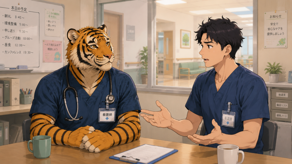精神科のゆっくりした働き方が合わず急性期へ戻ることを相談する看護師とトラパパ