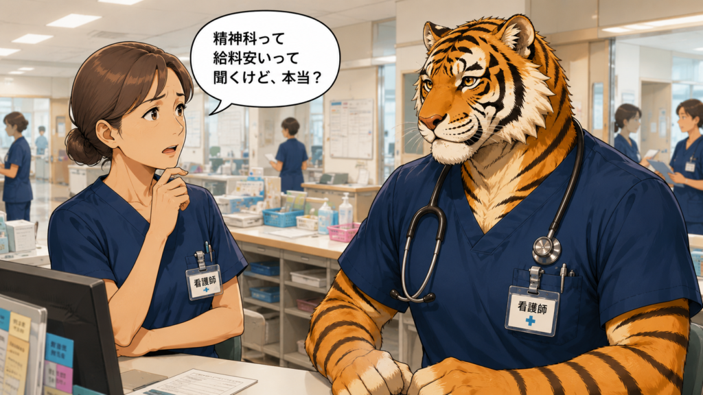 精神科看護師は給料が安いというイメージについて同僚と話す男性看護師。転職前の不安を表現した画像
