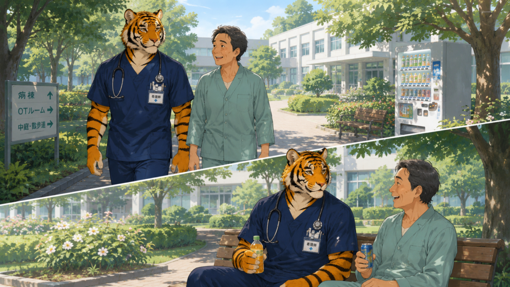 精神科慢性期病棟で患者さんと散歩しながら会話する男性看護師トラパパ