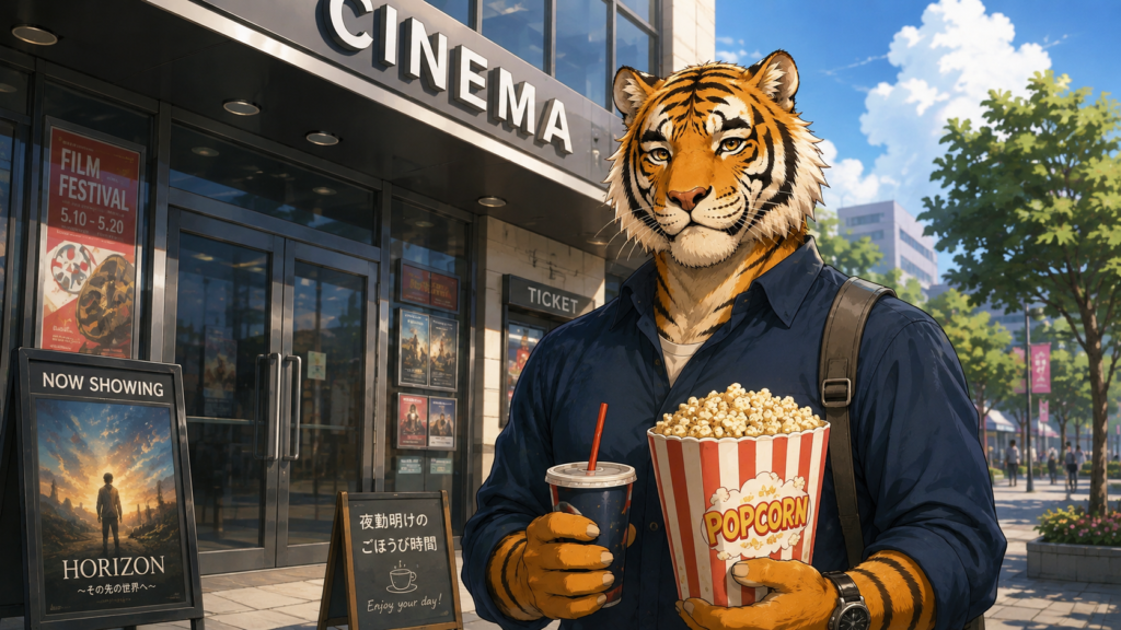 精神科夜勤明けに映画を楽しむ男性看護師。夜勤後も趣味や家族時間を大切にできる働き方。
