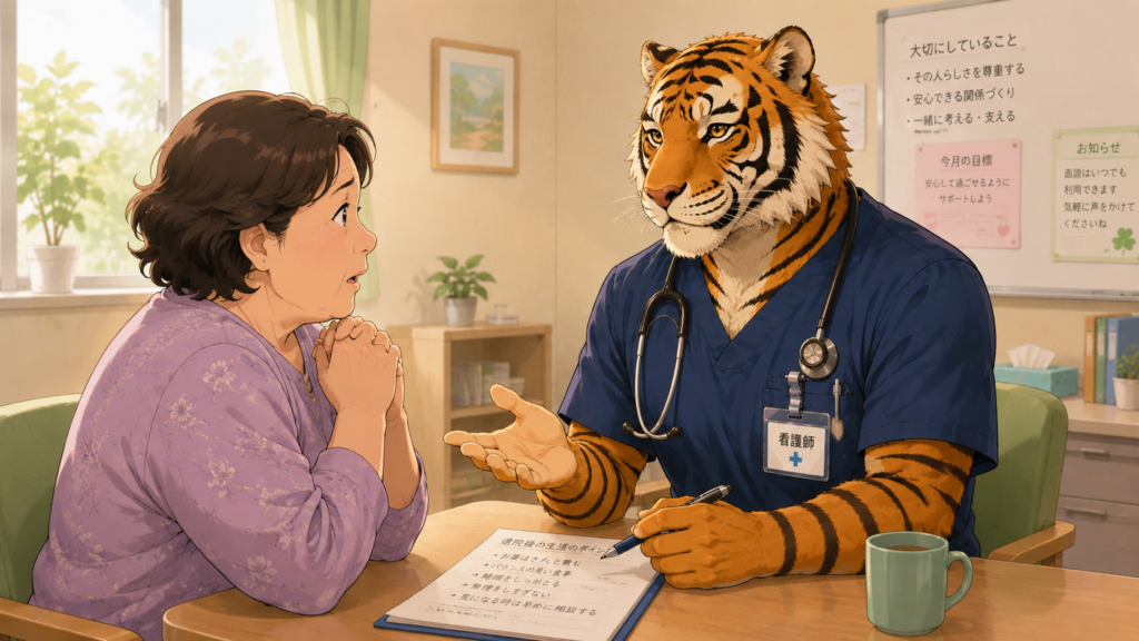 一般科で身につけた身体看護の知識を活かして患者の家族の病気について相談に乗る精神科看護師トラパパ