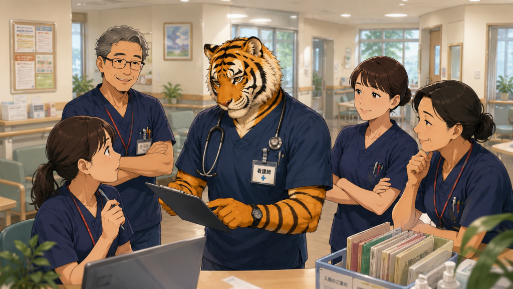 精神科病棟で新人看護師を優しくサポートする先輩看護師。相談しやすい人間関係を表現したイラスト。