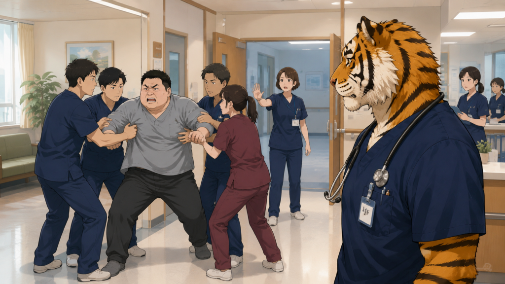 精神科病棟で興奮状態の患者に複数スタッフが対応し戸惑いながら見守る看護師トラパパ