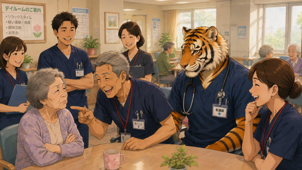 精神科病棟でユーモアを交えながら患者さんと関わる看護師。精神科看護のコミュニケーションを表現したイラスト。