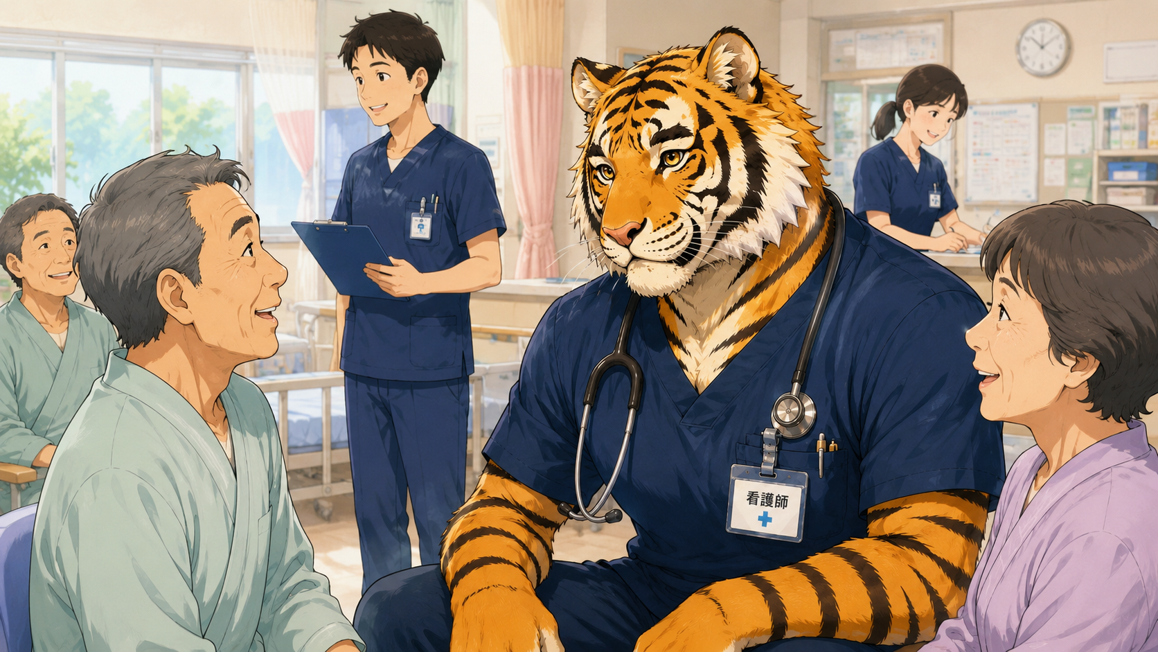 精神科慢性期病棟で患者さんと穏やかにコミュニケーションを取る男性看護師トラパパの仕事内容イメージ