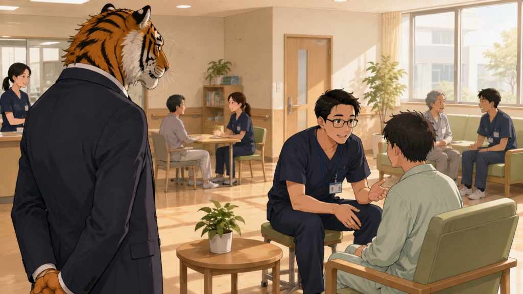 精神科病院見学で看護師が患者に穏やかに接している様子を確認するトラパパ