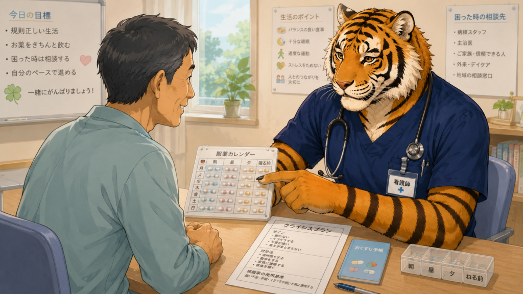 精神科慢性期病棟で服薬カレンダーを使って生活指導を行う男性看護師