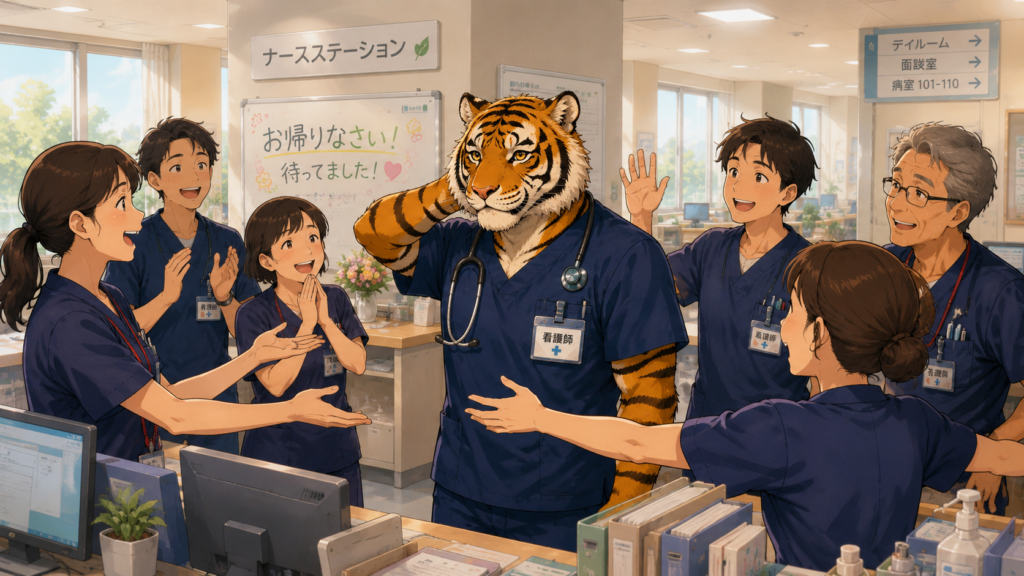 精神科病棟で休職から復帰した看護師を笑顔で迎えるスタッフ。人間関係の良い職場環境を表現したイラスト。