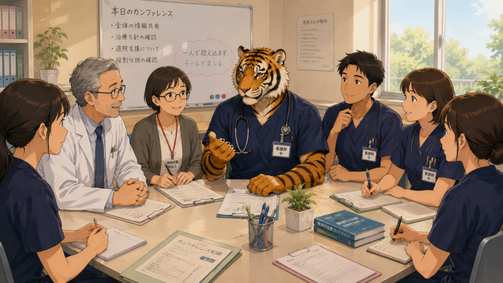 精神科医と看護師、多職種が患者さんについてカンファレンスを行う様子。相談しやすい職場環境を表現したイラスト。