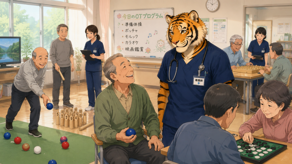 精神科慢性期病棟でOT（作業療法）を見守る男性看護師と患者さんの様子