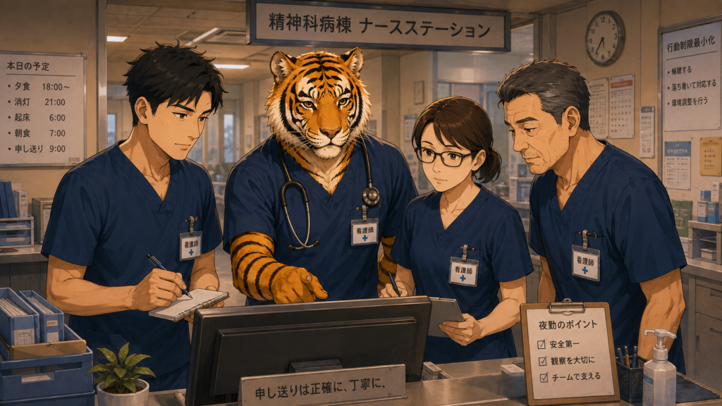 精神科病棟の夜勤申し送り。夜勤開始時に情報共有を行う精神科看護師。