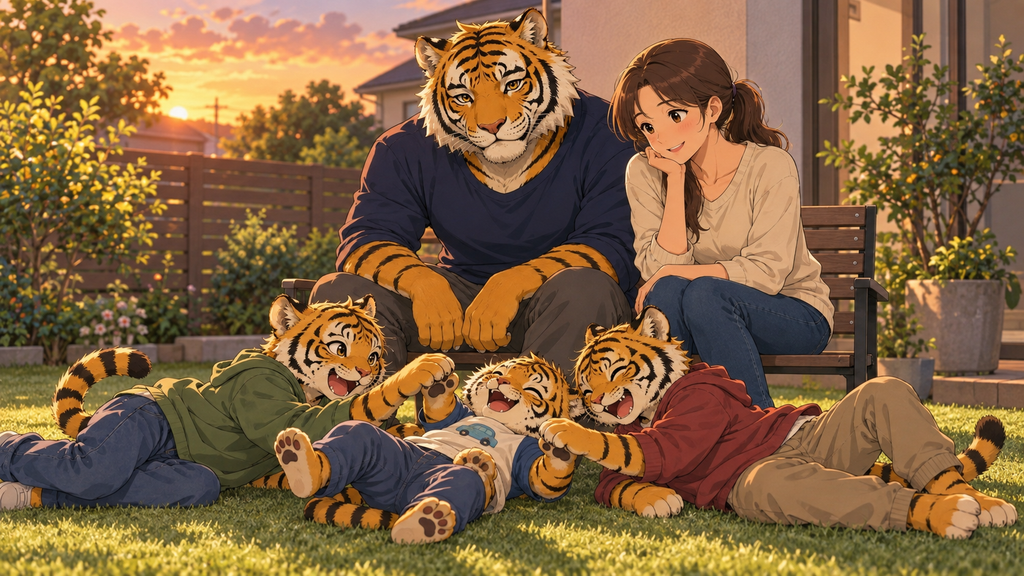 夕暮れの庭で寝転がってじゃれ合う3人の息子を、トラパパと妻が見守っている