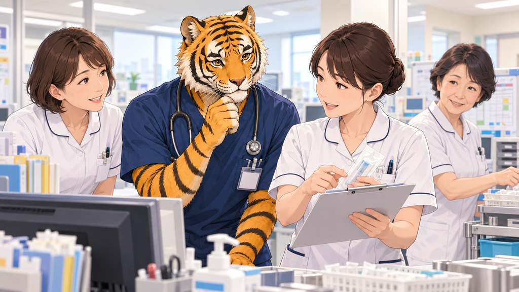 男性看護師が一人の病棟で女性の先輩から丁寧に仕事を教わる若いトラパパ