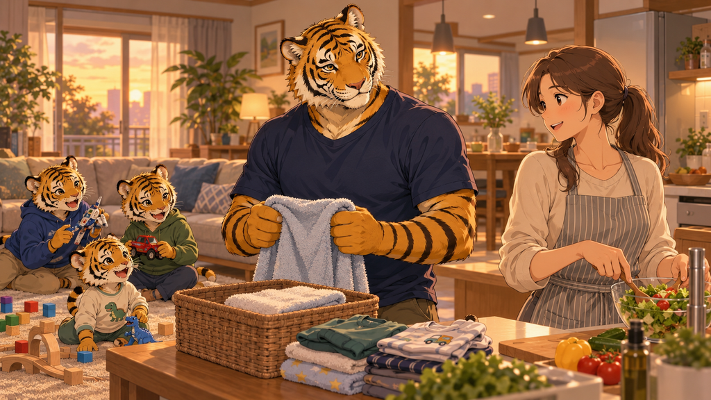 食事と入浴の準備を分担するトラパパ夫婦と、リビングで待つ3人の息子のイラスト